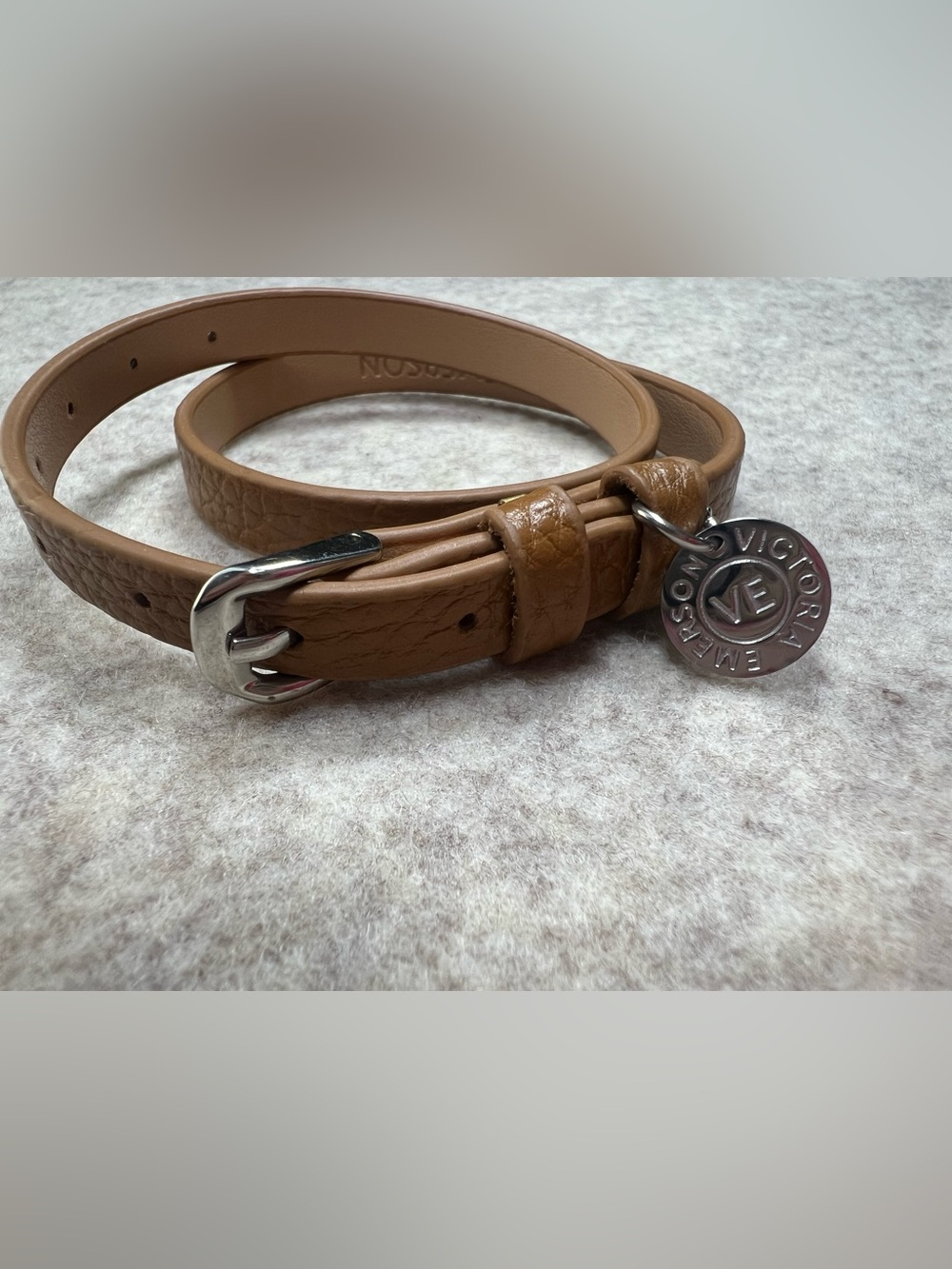Victoria Emerson Tan Vegan Leather Double Wrap Bracelet Silver Charm